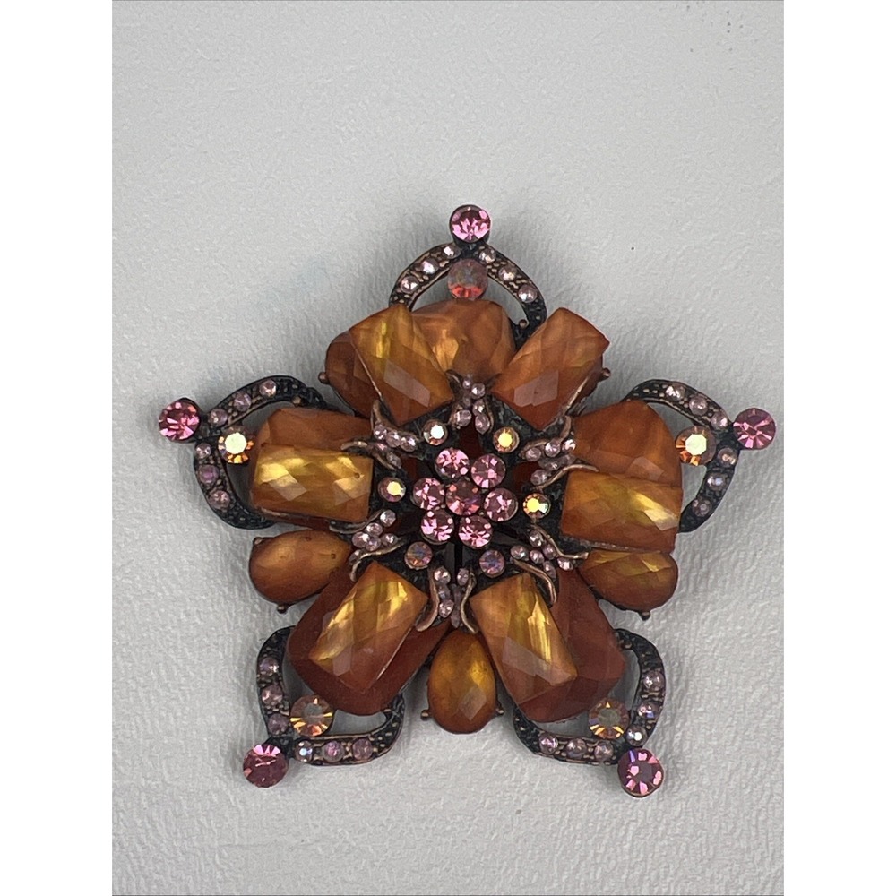 "Vintage Look Juliana Style" Bronze  Tone Orange  Pink Crystal Pin Brooch